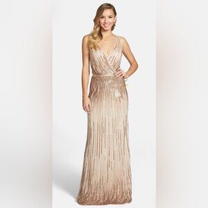 Adrianna Papell Gold Embellished V-Neck Gown